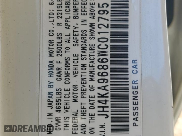 1998 Acura RL Special Edition with VIN JH4KA9686WC012795, listed as a Copart auction lot 52261615 with 158,288 mi miles and Salvage Title. Bid and sale history available at carsss.com. Image 14.