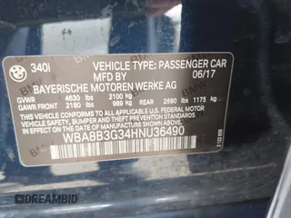 2017 BMW 3 Series 340i with VIN WBA8B3G34HNU36490, listed as a IAAI auction lot 41990840 with Not Provided miles and . Bid and sale history available at carsss.com. Image 9.