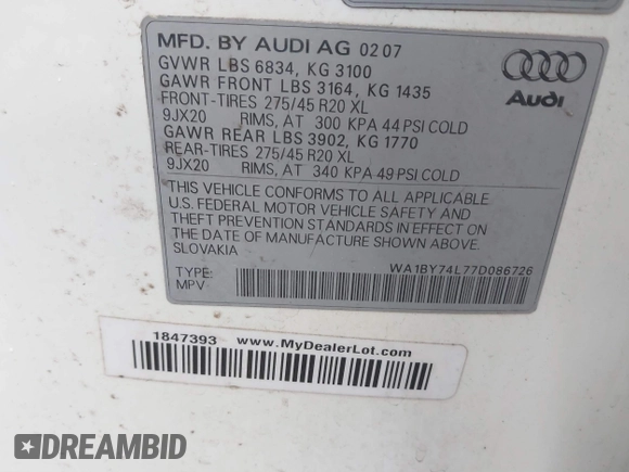 2007 Audi Q7 Premium with VIN WA1BY74L77D086726, listed as a IAAI auction lot 41726469 with 227,991 mi miles and . Bid and sale history available at DreamBid. Image 9.