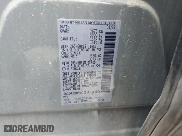 2023 Nissan Pathfinder Rock Creek with VIN 5N1DR3BD9PC237440, listed as a Copart auction lot 60357995 with 64,541 mi miles and Salvage title. Bid and sale history available at DreamBid. Image 14.