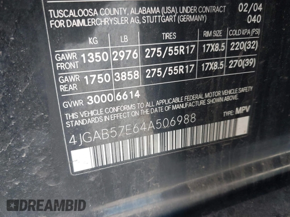 2004 Mercedes-Benz M 350 with VIN 4JGAB57E64A506988, listed as a IAAI auction lot 42219772 with 294,505 mi miles and . Bid and sale history available at DreamBid. Image 9.