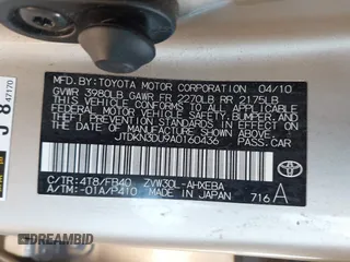 2010 Toyota Prius II with VIN JTDKN3DU9A0160436, listed as a IAAI auction lot 42068708 with 172,664 mi miles. Bid and sale history available at carsss.com. Image 9.