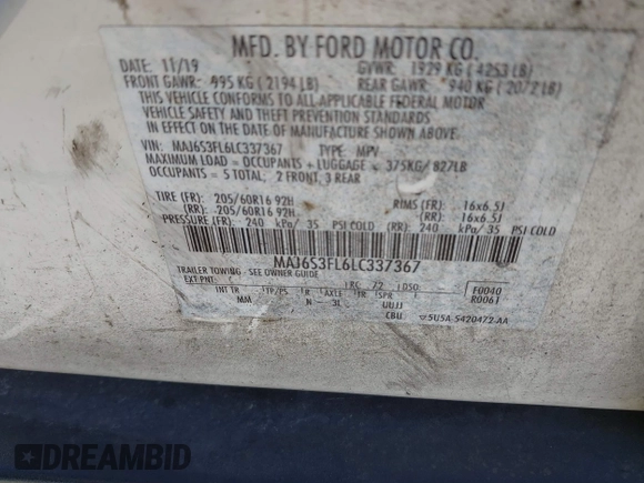 2020 Ford EcoSport S with VIN MAJ6S3FL6LC337367, listed as a IAAI auction lot 41892241 with 160,862 mi miles and . Bid and sale history available at DreamBid. Image 9.