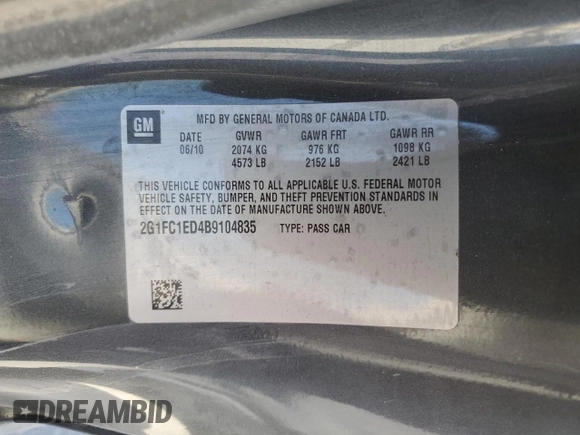 2011 Chevrolet Camaro 2LT with VIN 2G1FC1ED4B9104835, listed as a Copart auction lot 48201965 with Not provided miles and Salvage title. Bid and sale history available at DreamBid. Image 12.