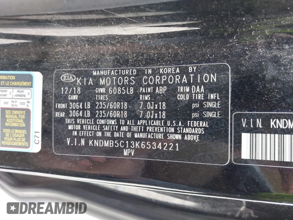 2019 Kia Sedona EX with VIN KNDMB5C13K6534221, listed as a IAAI auction lot 41880056 with 140,726 mi miles. Bid and sale history available at carsss.com. Image 9.