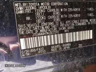 2021 Toyota Venza LE with VIN JTEAAAAH7MJ007292, listed as a IAAI auction lot 42097680 with 66,633 mi miles and . Bid and sale history available at carsss.com. Image 9.