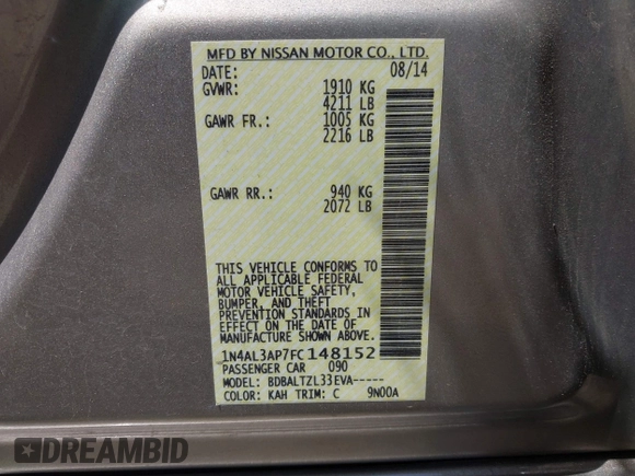 2015 Nissan Altima S with VIN 1N4AL3AP7FC148152, listed as a IAAI auction lot 42166439 with 212,521 mi miles and . Bid and sale history available at DreamBid. Image 9.