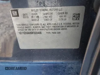 2013 Chevrolet Malibu LT with VIN 1G11C5SA8DF339406, listed as a IAAI auction lot 40851288 with Not Provided miles and . Bid and sale history available at DreamBid. Image 9.