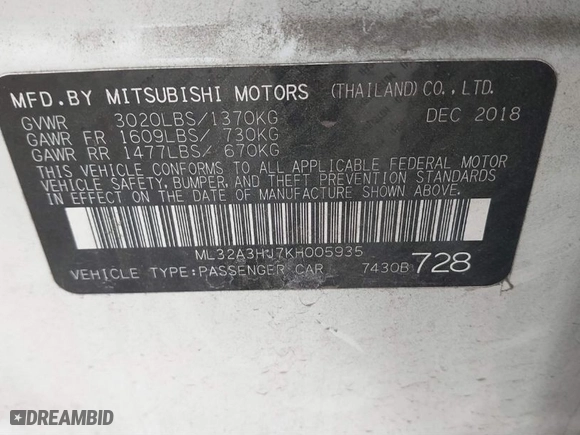 2019 Mitsubishi Mirage ES with VIN ML32A3HJ7KH005935, listed as a IAAI auction lot 41562360 with 71,027 mi miles. Bid and sale history available at carsss.com. Image 9.