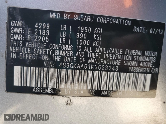 2019 Subaru Impreza with VIN 4S3GKAA61K3623243, listed as a Copart auction lot 62329595 with 77,019 mi miles and Salvage title. Bid and sale history available at DreamBid. Image 13.