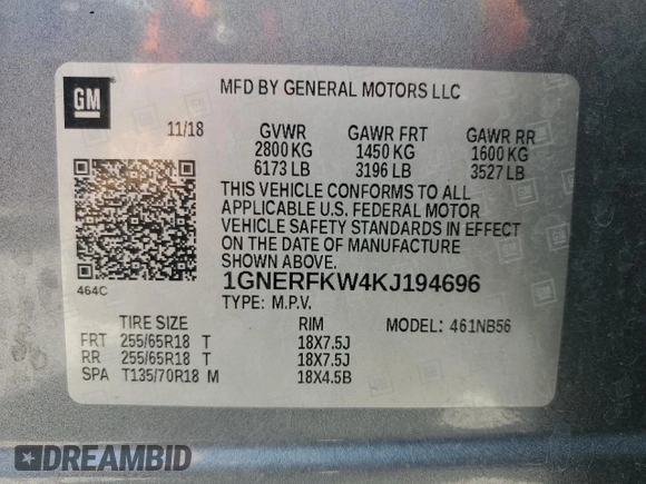 2019 Chevrolet Traverse LS z VIN 1GNERFKW4KJ194696, wystawiony jako Copart lot #51702385 z przebiegiem 129 453 mil mil oraz Szkoda całkowita • Salvage title. Historia ofert i sprzedaży dostępna na DreamBid. Obrazek 13.