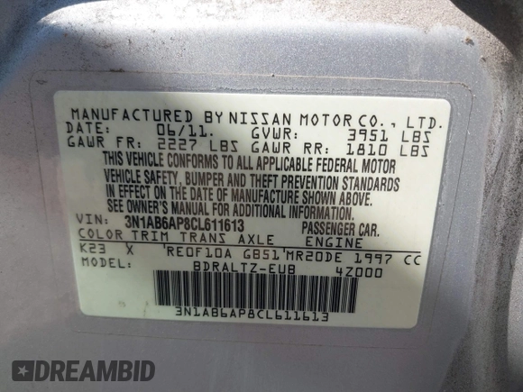 2012 Nissan Sentra SR with VIN 3N1AB6AP8CL611613, listed as a IAAI auction lot 41608980 with 120,741 mi miles and . Bid and sale history available at DreamBid. Image 9.