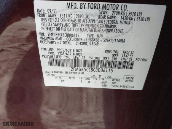 2012 Ford Flex SEL with VIN 2FMGK5CC8CBD06115, listed as a IAAI auction lot 41750754 with 192,912 mi miles. Bid and sale history available at carsss.com. Image 9.