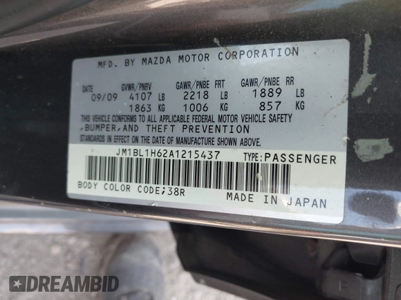 2010 Mazda 3 S Sport with VIN JM1BL1H62A1215437, listed as a IAAI auction lot 42169393 with 123,500 mi miles and . Bid and sale history available at DreamBid. Image 9.