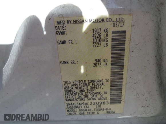 2017 Nissan Altima S with VIN 1N4AL3AP1HC220983, listed as a IAAI auction lot 42045858 with 114,753 mi miles and . Bid and sale history available at DreamBid. Image 9.
