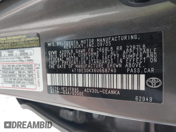 2006 Toyota Camry STD with VIN 4T1BE30KX6U668740, listed as a IAAI auction lot 42602211 with Not provided miles and . Bid and sale history available at DreamBid. Image 9.