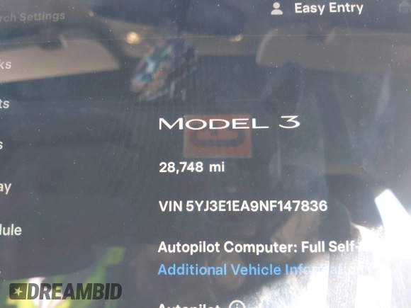 2022 Tesla Model 3 with VIN 5YJ3E1EA9NF147836, listed as a IAAI auction lot 41363603 with 28,748 mi miles. Bid and sale history available at carsss.com. Image 7.