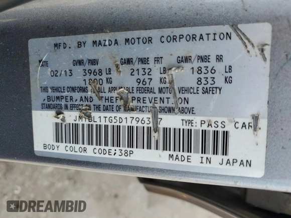 2013 Mazda 3 i SV with VIN JM1BL1TG5D1796307, listed as a Copart auction lot 54529955 with 89,558 mi miles and Salvage title. Bid and sale history available at DreamBid. Image 13.
