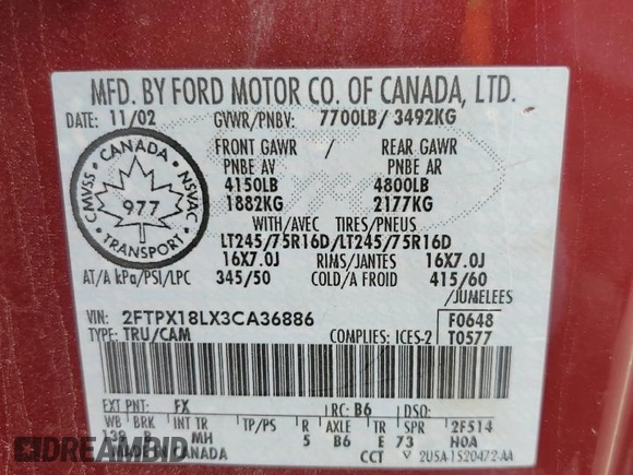 2003 Ford F-150 XL z VIN 2FTPX18LX3CA36886, wystawiony jako Copart lot #58194385 z przebiegiem 302 328 mil mil oraz Czysty tytuł • Clean title. Historia ofert i sprzedaży dostępna na DreamBid. Obrazek 13.