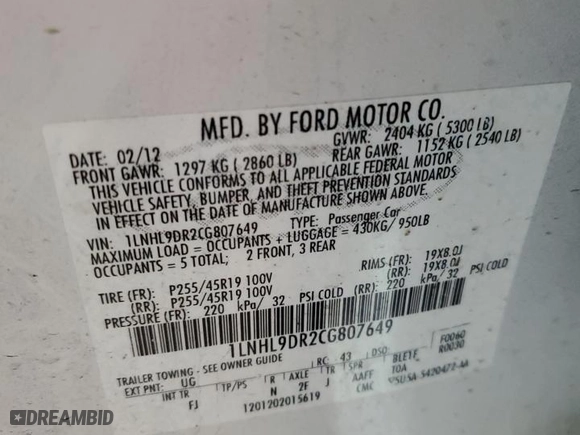2012 Lincoln MKS with VIN 1LNHL9DR2CG807649, listed as a Copart auction lot 45304375 with 138475 miles and Salvage Title. Bid and sale history available at carsss.com. Image 12.