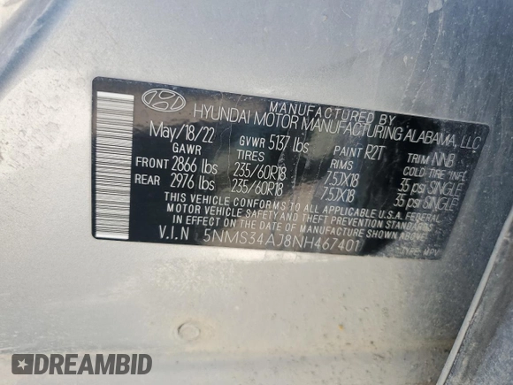 2022 Hyundai Santa Fe SEL z VIN 5NMS34AJ8NH467401, wystawiony jako Copart lot #52863215 z przebiegiem 59 780 mil mil oraz Szkoda całkowita • Salvage title. Historia ofert i sprzedaży dostępna na DreamBid. Obrazek 13.