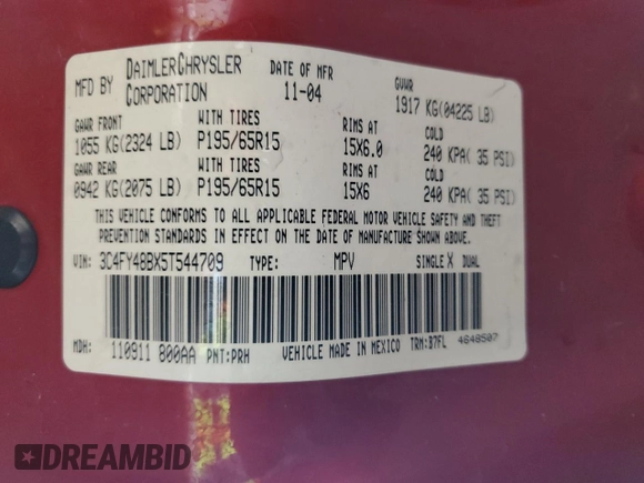 2005 Chrysler PT Cruiser with VIN 3C4FY48BX5T544709, listed as a Copart auction lot 83323324 with 119,073 mi miles and Salvage Title. Bid and sale history available at DreamBid. Image 12.
