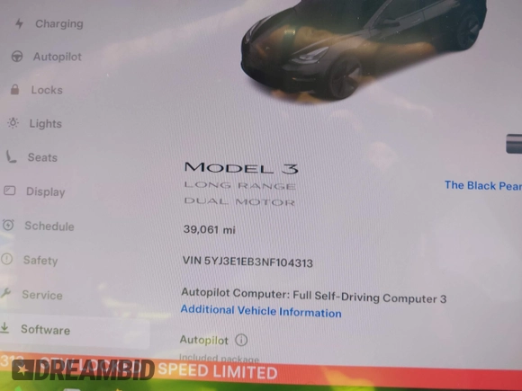 2022 Tesla Model 3 Long Range with VIN 5YJ3E1EB3NF104313, listed as a IAAI auction lot 41832803 with 39,061 mi miles and . Bid and sale history available at DreamBid. Image 7.