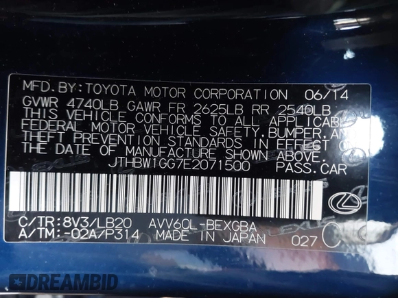 2014 Lexus ES 300h with VIN JTHBW1GG7E2071500, listed as a IAAI auction lot 41676321 with 64,217 mi miles and . Bid and sale history available at DreamBid. Image 9.