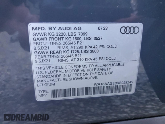 2024 Audi Q8 e-tron z VIN WA16AAGE0RB028245, wystawiony jako Copart lot #76139614 z przebiegiem 15 330 mil mil oraz Szkoda całkowita • Salvage title. Historia ofert i sprzedaży dostępna na DreamBid. Obrazek 13.