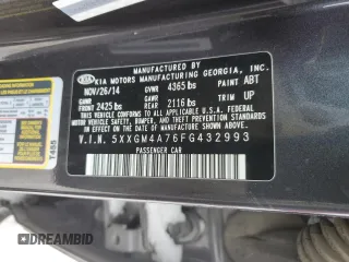 2015 Kia Optima LX with VIN 5XXGM4A76FG432993, listed as a Copart auction lot 45934855 with 206,204 mi miles and Salvage title. Bid and sale history available at DreamBid. Image 12.