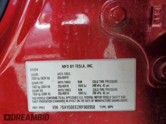 2024 Tesla Model Y Long Range с VIN 7SAYGDEE2RF988958, выставлен на аукционе Copart как лот 58066795 с пробегом 26 356 миль миль и Списание • Salvage title. История ставок и продаж доступна на DreamBid. Изображение 13.