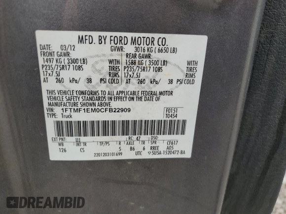 2012 Ford F-150 XL with VIN 1FTMF1EM0CFB22909, listed as a Copart auction lot 55887475 with 154,966 mi miles and Salvage title. Bid and sale history available at DreamBid. Image 12.