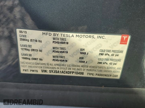 2013 Tesla Model S z VIN 5YJSA1AC4DFP10496, wystawiony jako Copart lot #63801355 z przebiegiem 50 473 mil mil oraz Czysty tytuł • Clean title. Historia ofert i sprzedaży dostępna na DreamBid. Obrazek 12.