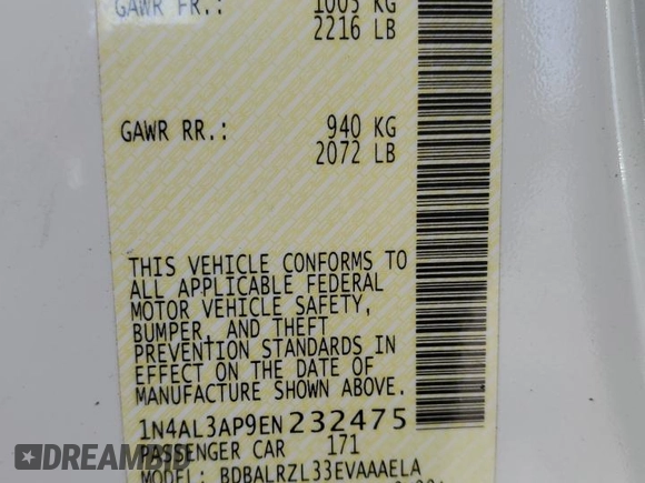 2014 Nissan Altima SL with VIN 1N4AL3AP9EN232475, listed as a Copart auction lot 52041125 with 86,717 mi miles and Salvage Title. Bid and sale history available at DreamBid. Image 12.