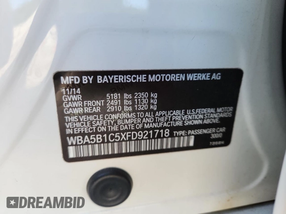 2015 BMW 5 Series 535i с VIN WBA5B1C5XFD921718, выставлен на аукционе Copart как лот 59671795 с пробегом 101 667 миль миль и Списание • Salvage title. История ставок и продаж доступна на DreamBid. Изображение 12.