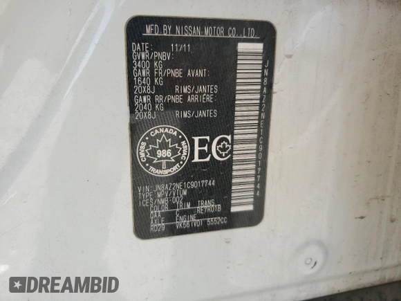 2012 Infiniti QX56 7-passenger with VIN JN8AZ2NE1C9017744, listed as a Copart auction lot 52988725 with 142,820 mi miles and Salvage title. Bid and sale history available at DreamBid. Image 13.