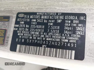 2017 Kia Sorento EX with VIN 5XYPHDA57HG271491, listed as a IAAI auction lot 42111594 with 79,556 mi miles and . Bid and sale history available at DreamBid. Image 9.