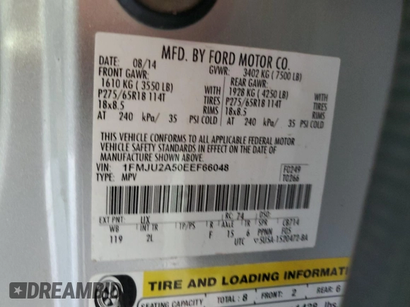 2014 Ford Expedition Limited with VIN 1FMJU2A50EEF66048, listed as a Copart auction lot 53864275 with 143,424 mi miles and Salvage title. Bid and sale history available at DreamBid. Image 13.
