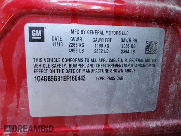 2014 Buick LaCrosse Leather with VIN 1G4GB5G31EF160443, listed as a Copart auction lot 70067474 with 267,476 mi miles and Clean Title. Bid and sale history available at carsss.com. Image 12.