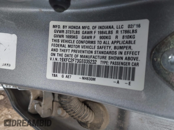 2016 Honda Civic Sedan EX with VIN 19XFC2F73GE035232, listed as a IAAI auction lot 41963810 with 173,477 mi miles. Bid and sale history available at carsss.com. Image 9.