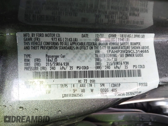 2012 Ford Focus SEL with VIN 1FAHP3M29CL314685, listed as a IAAI auction lot 41974881 with 167,119 mi miles. Bid and sale history available at carsss.com. Image 9.