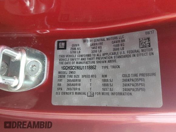 2018 Chevrolet Colorado 2WD LT with VIN 1GCHSCEN8J1118862, listed as a Copart auction lot 84208614 with 41,878 mi miles and Salvage title. Bid and sale history available at DreamBid. Image 14.
