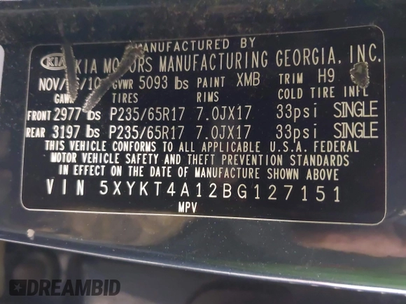 2011 Kia Sorento LX with VIN 5XYKT4A12BG127151, listed as a IAAI auction lot 41891186 with 103,690 mi miles. Bid and sale history available at carsss.com. Image 9.