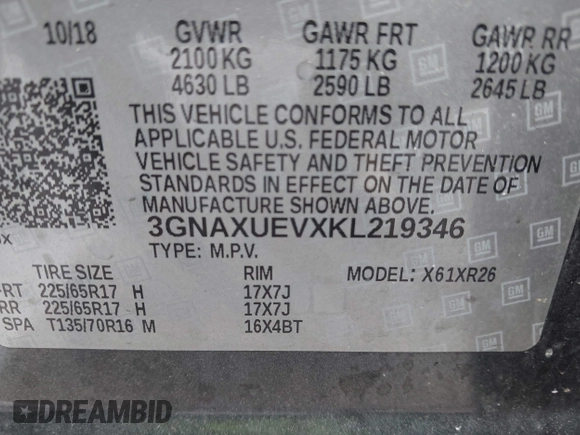 2019 Chevrolet Equinox LT z VIN 3GNAXUEVXKL219346, wystawiony jako IAAI lot #42320431 z przebiegiem 98 660 mil mil oraz . Historia ofert i sprzedaży dostępna na DreamBid. Obrazek 9.