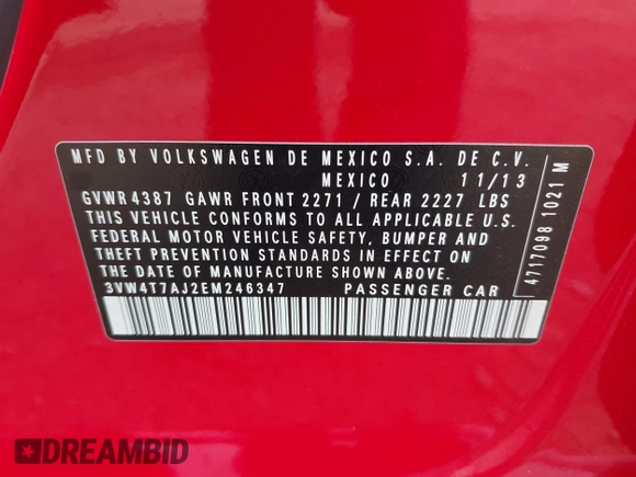 2014 Volkswagen Jetta GLI with VIN 3VW4T7AJ2EM246347, listed as a IAAI auction lot 42553341 with 140,793 mi miles and . Bid and sale history available at DreamBid. Image 9.