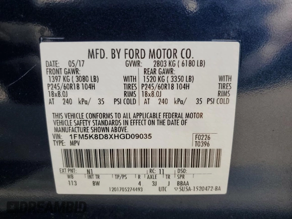 2017 Ford Explorer XLT with VIN 1FM5K8D8XHGD09035, listed as a Copart auction lot 56655445 with 73,643 mi miles and Salvage title. Bid and sale history available at DreamBid. Image 13.
