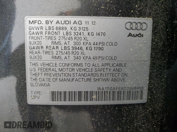 2013 Audi Q7 S line Prestige с VIN WA1DGAFE6DD008456, выставлен на аукционе Copart как лот 62296285 с пробегом 148 257 миль миль и Чистый • Clean title. История ставок и продаж доступна на DreamBid. Изображение 13.