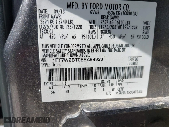 2014 Ford F-250 XL с VIN 1FT7W2BT0EEA64923, выставлен на аукционе IAAI как лот 42293727 с пробегом 224 167 миль миль и . История ставок и продаж доступна на DreamBid. Изображение 9.