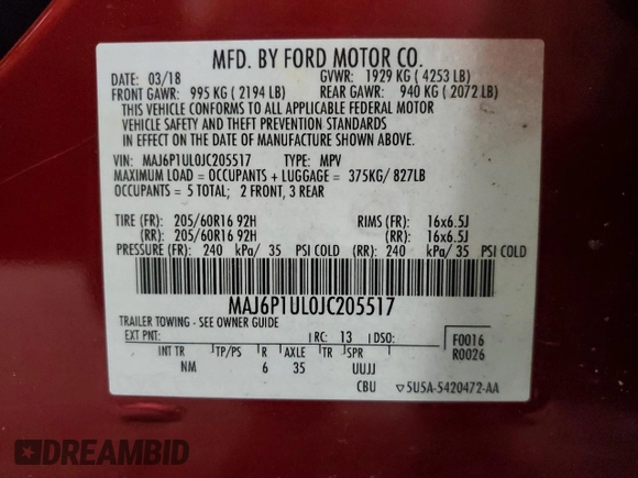2018 Ford EcoSport SE z VIN MAJ6P1UL0JC205517, wystawiony jako Copart lot #56100795 z przebiegiem 78 639 mil mil oraz Szkoda całkowita • Salvage title. Historia ofert i sprzedaży dostępna na DreamBid. Obrazek 14.