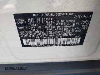 2018 Subaru Outback Touring with VIN 4S4BSATC7J3347691, listed as a IAAI auction lot 42609038 with 48,300 mi miles and . Bid and sale history available at DreamBid. Image 9.